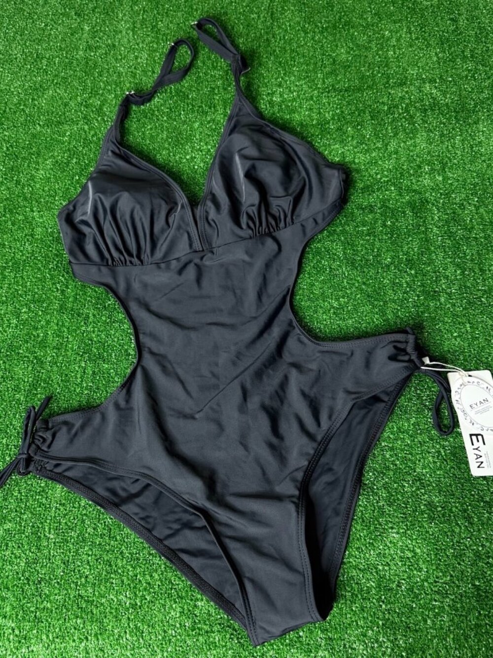 Eyan Cutout Adjustable Side Monokini One Piece Swimsuit Black Halter Tie  XL NWT
